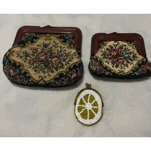 Tapestry Floral Coin Purses & Yellow Beaded Lemon Design 1986